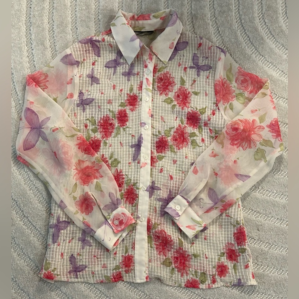 Vintage Sheer Butterflies and Flowers Button Down Blouse - M